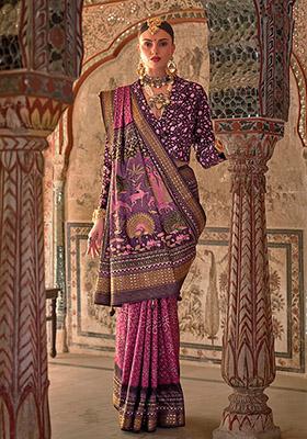 Dark Pink Printed Woven Viscose Saree Set