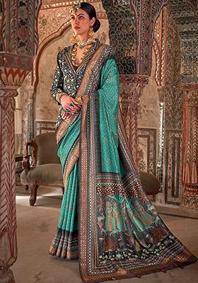Aqua Blue Printed Woven Viscose Saree Set