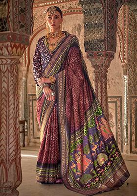 Maroon Printed Woven Viscose Saree Set