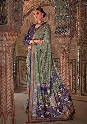 Green Printed Woven Viscose Saree Set