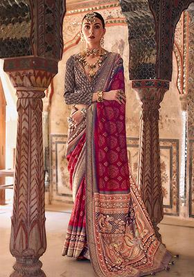 Dark Red Printed Woven Viscose Saree Set
