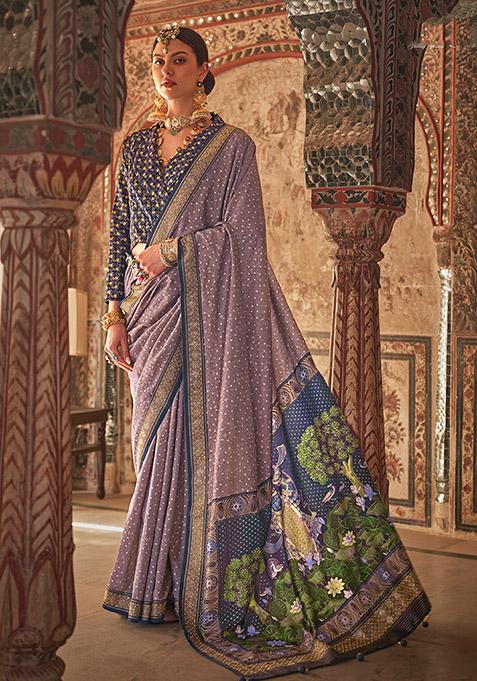 Mauve Printed Woven Viscose Saree Set