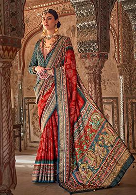 Orange Printed Woven Viscose Saree Set