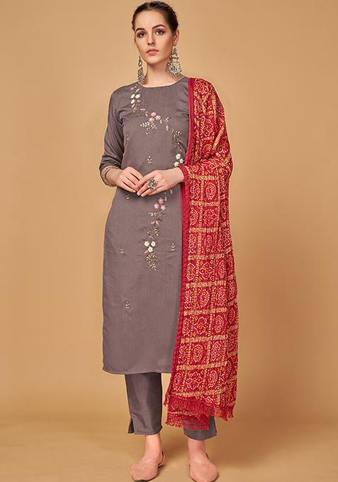 Mauve Embroidered Silk Kurta Set