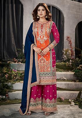 Orange Embroidered Silk Kurta Set