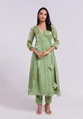 Green Solid Organza Kurta Set