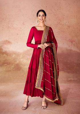 Red Sequin Embroidered Georgette Kurta With Dupatta