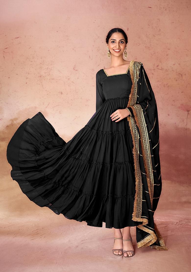 Black Sequin Embroidered Georgette Kurta With Dupatta