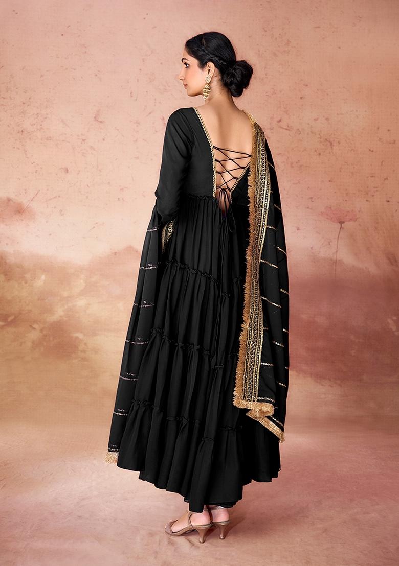 Black Sequin Embroidered Georgette Kurta With Dupatta