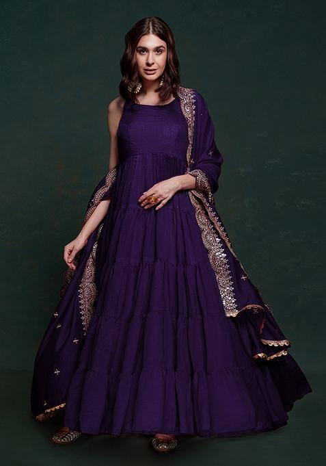 Purple Zari Sequin Embroidered Chinon Silk Kurta With Dupatta