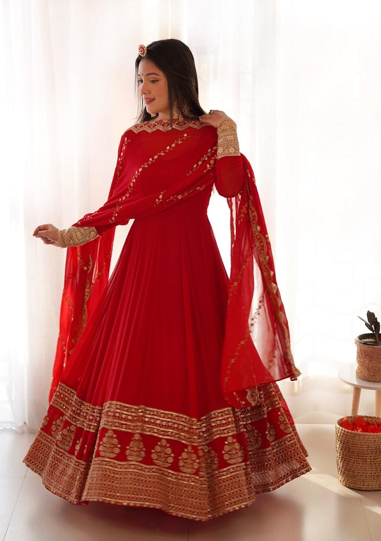 Red Sequin Embroidered Georgette Kurta With Dupatta