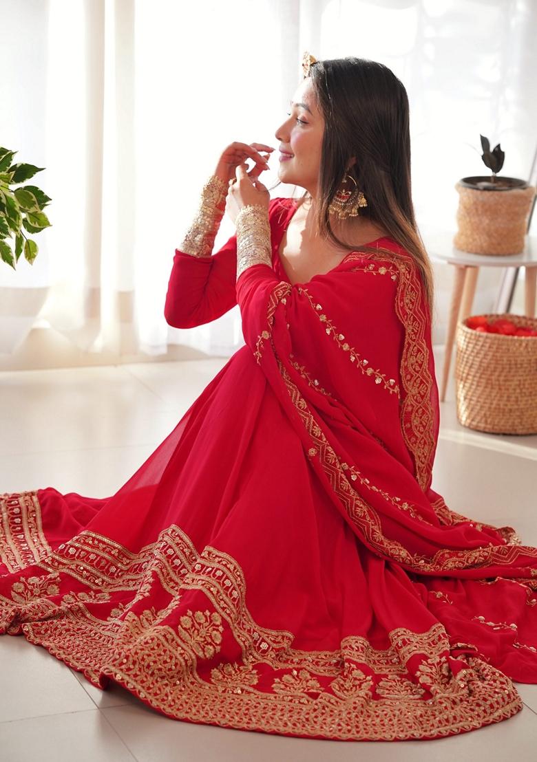 Red Sequin Embroidered Georgette Kurta With Dupatta