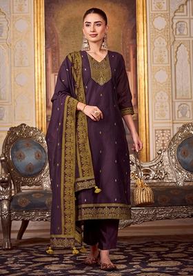 Purple Woven Jacquard Silk Blend Kurta Set