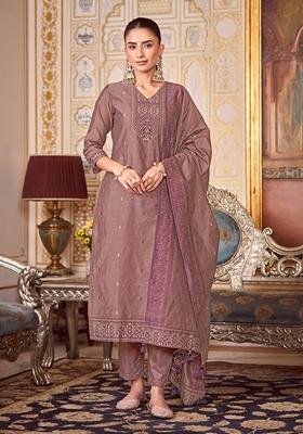 Violet Woven Jacquard Silk Blend Kurta Set