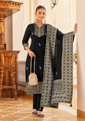 Black Woven Jacquard Silk Blend Kurta Set