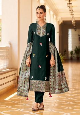 Dark Green Woven Jacquard Silk Blend Kurta Set