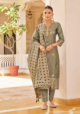 Grey Woven Jacquard Silk Blend Kurta Set