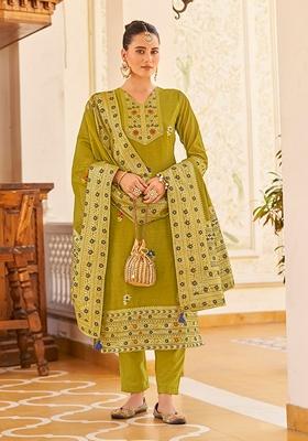 Mustard Woven Jacquard Silk Blend Kurta Set