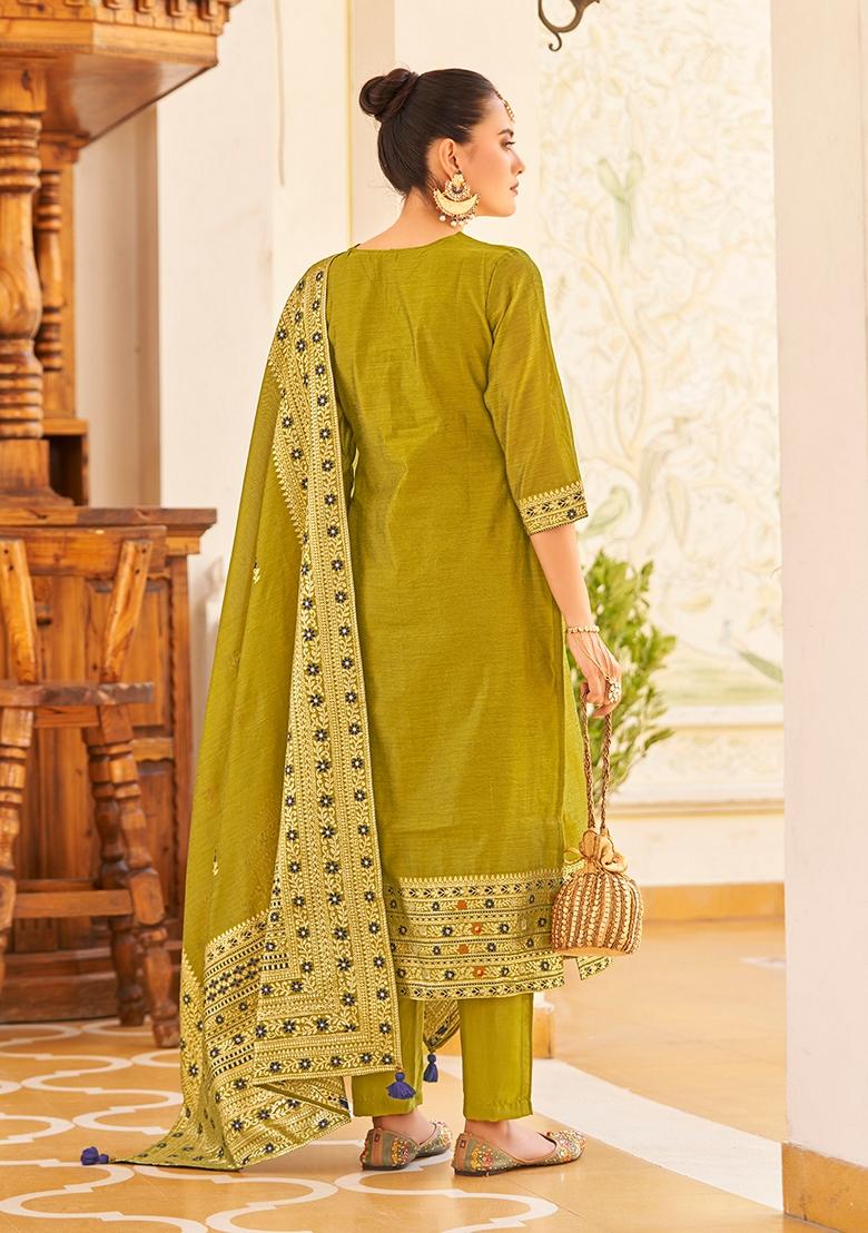 Mustard Woven Jacquard Silk Blend Kurta Set