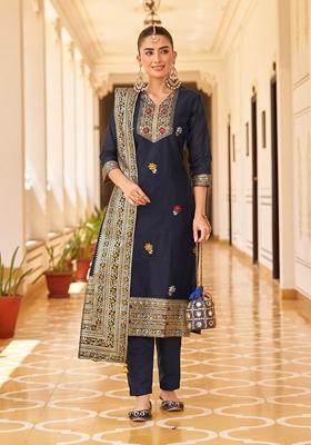 Navy Blue Woven Jacquard Silk Blend Kurta Set