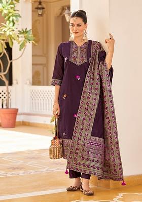 Purple Woven Jacquard Silk Blend Kurta Set
