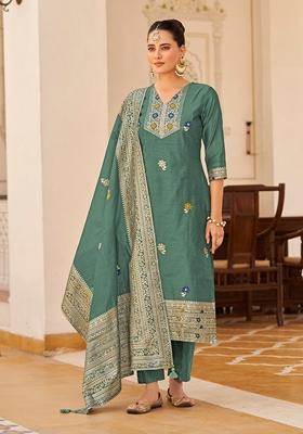 Teal Blue Woven Jacquard Silk Blend Kurta Set