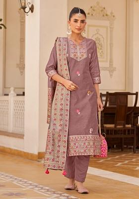 Violet Woven Jacquard Silk Blend Kurta Set