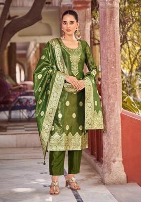 Green Woven Jacquard Silk Blend Kurta Set