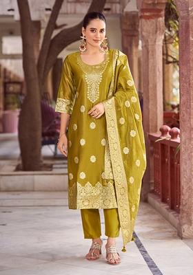 Mustard Woven Jacquard Silk Blend Kurta Set