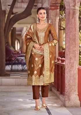 Rust Brown Woven Jacquard Silk Blend Kurta Set