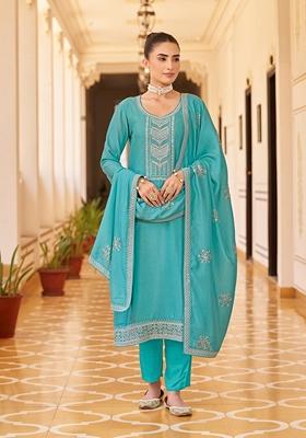Sky Blue Sequin Embroidered Silk Blend Kurta Set