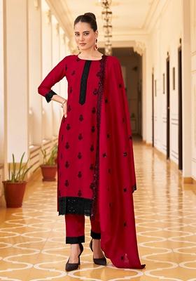 Red Sequin Embroidered Silk Blend Kurta Set