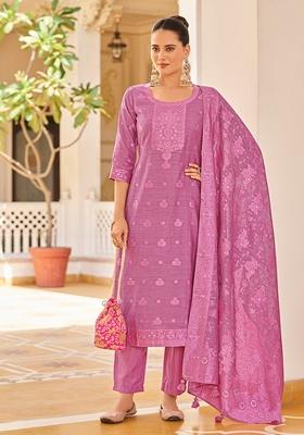 Pink Woven Jacquard Silk Blend Kurta Set
