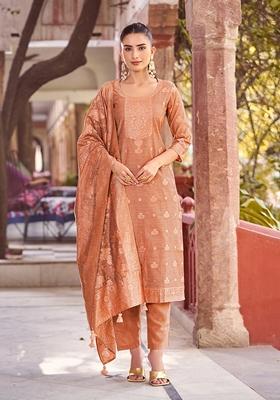 Rust Brown Woven Jacquard Silk Blend Kurta Set