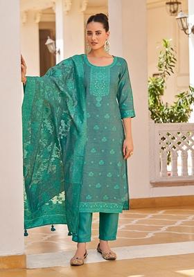 Turquoise Blue Woven Jacquard Silk Blend Kurta Set