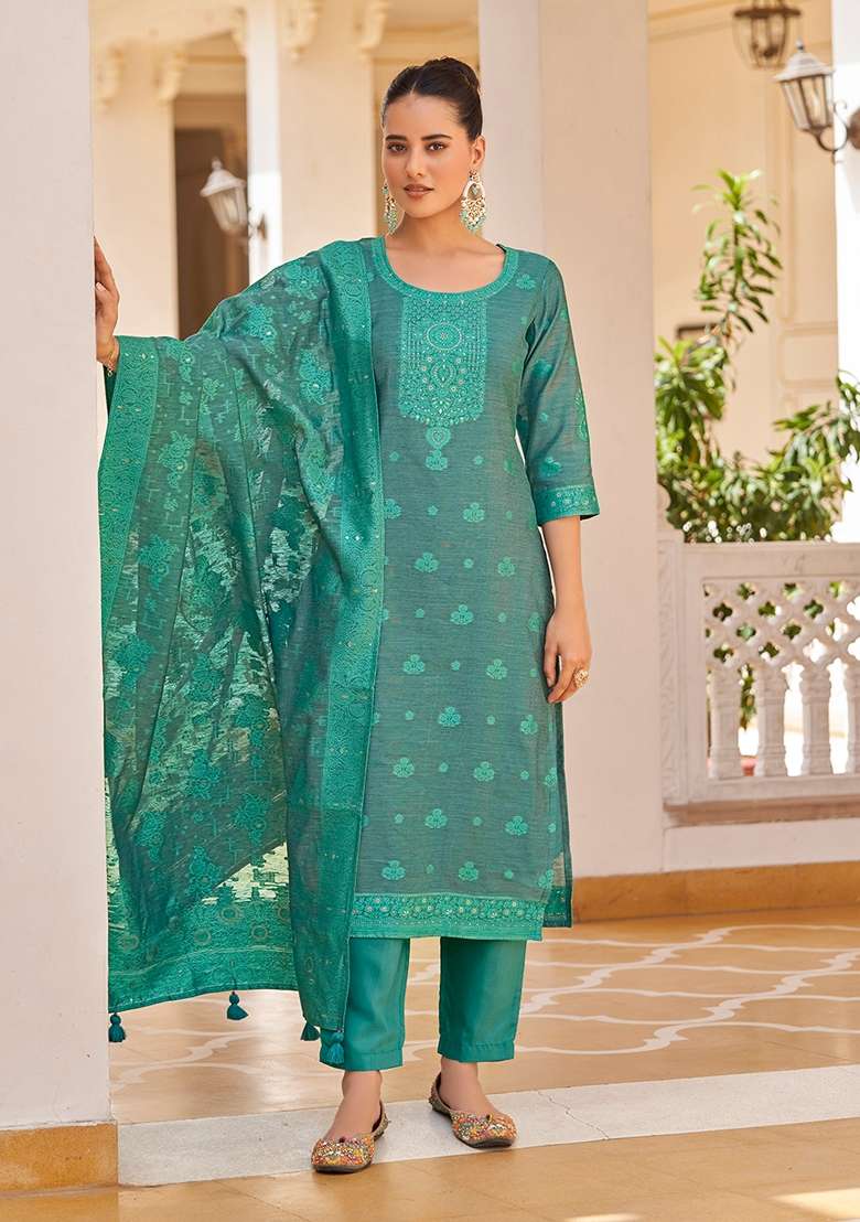 Turquoise Blue Woven Jacquard Silk Blend Kurta Set - Indya