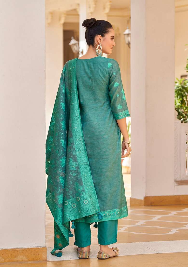 Turquoise Blue Woven Jacquard Silk Blend Kurta Set - Indya