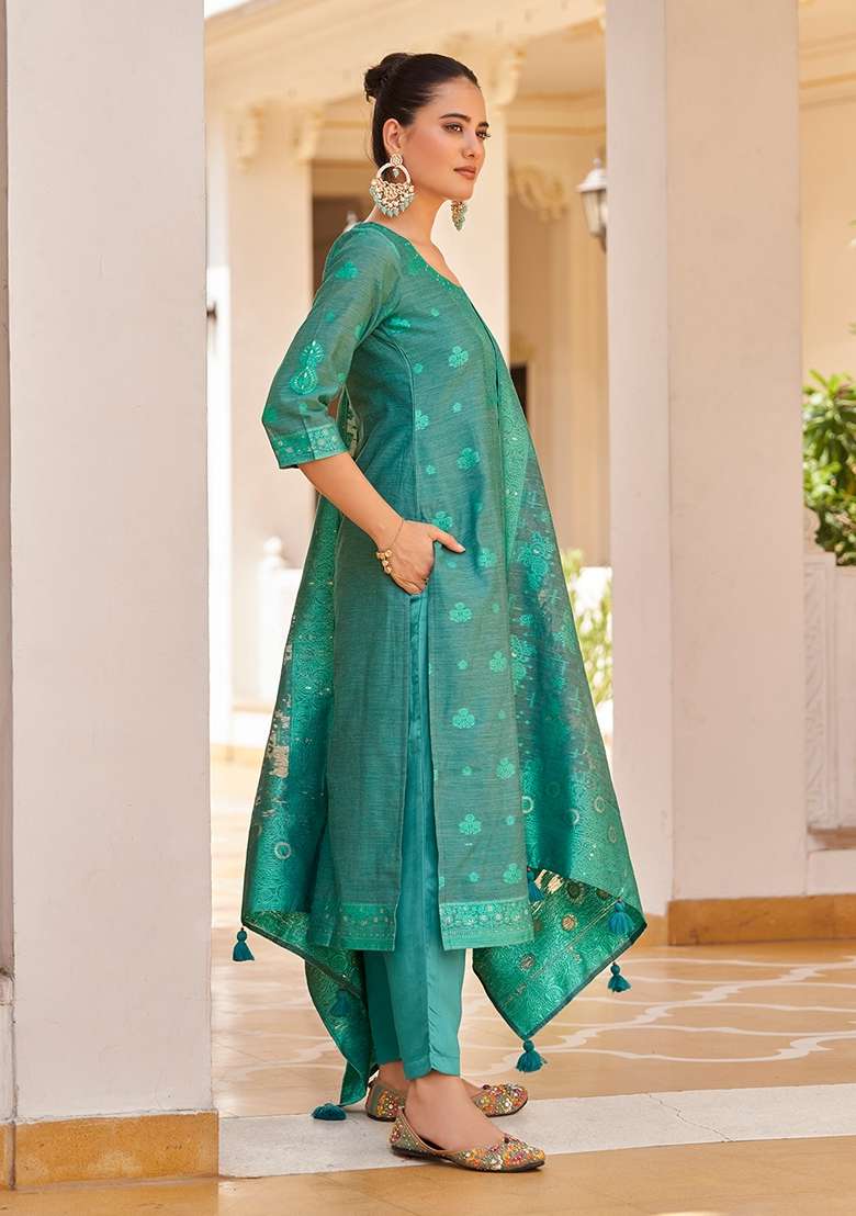 Turquoise Blue Woven Jacquard Silk Blend Kurta Set - Indya