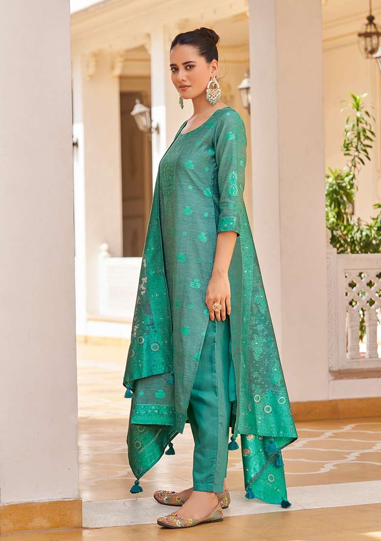 Turquoise Blue Woven Jacquard Silk Blend Kurta Set - Indya