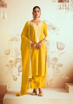 Yellow Chain Embroidered Silk Blend Kurta Set