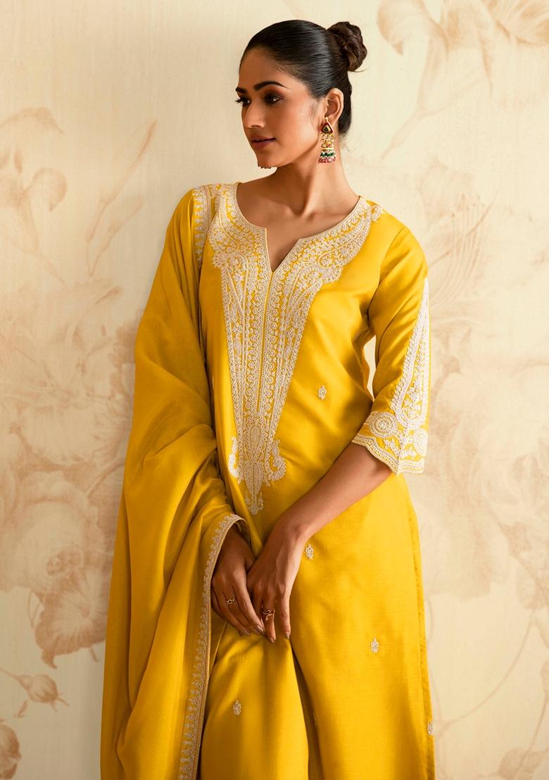 Yellow Chain Embroidered Silk Blend Kurta Set