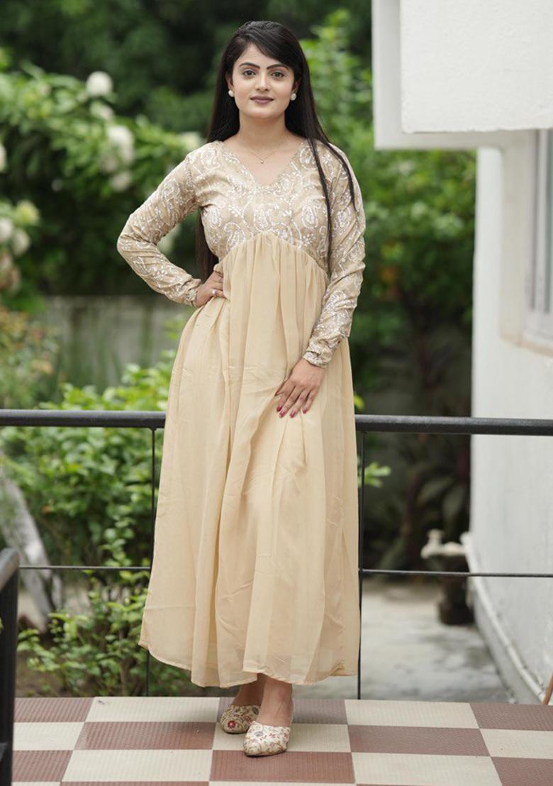 Cream Woven Crepe Georgette Kurta - Indya