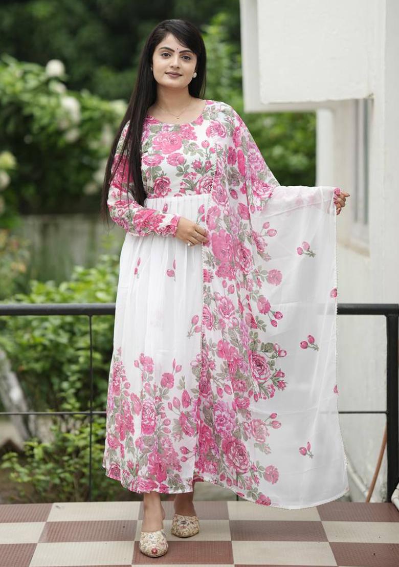 White And Pink Digital Print Faux Georgette  Kurta With Dupatta