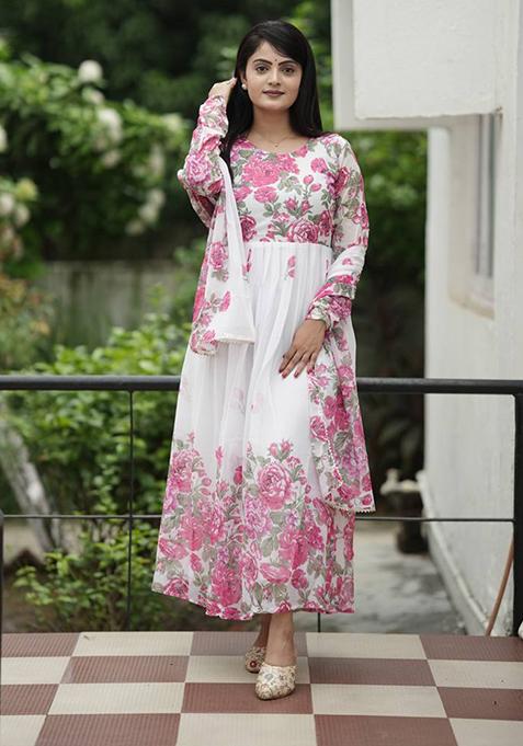 White And Pink Digital Print Faux Georgette  Kurta With Dupatta