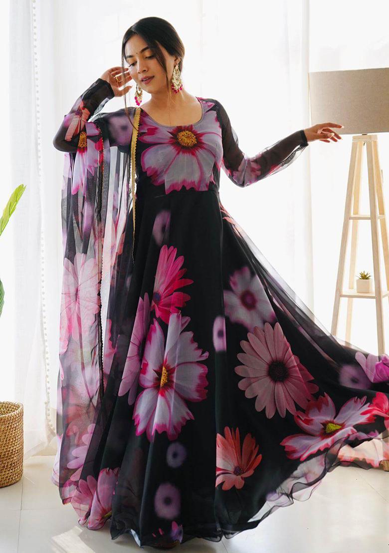 Black Digital Print Faux Georgette Kurta With Dupatta