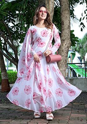White Digital Print Faux Georgette Kurta With Dupatta