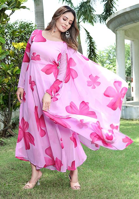 Pink Digital Print Faux Georgette Kurta With Dupatta