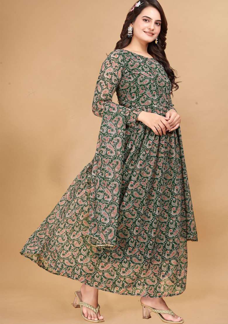 Green Digital Print Faux Georgette  Kurta With Dupatta - Indya