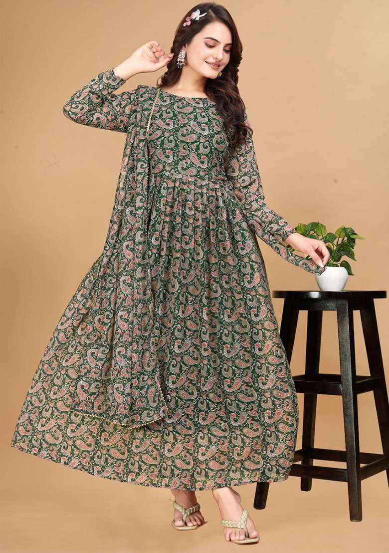 Green Digital Print Faux Georgette  Kurta With Dupatta - Indya