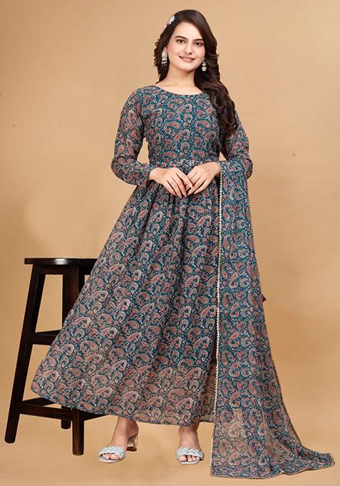 Blue Digital Print Faux Georgette  Kurta With Dupatta